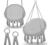 tillvex Silla Colgante hasta 150 kg | Columpio para Colgar en Exterior e Interior | Hamaca con Cuerda, Cojines y Flecos | Kit de Suspensión para Jardín, Terraza, Balcón (Gris (con cojín Grande))