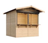 TIMBELA M149Z Caseta de Jardín de Madera/Puesto de Mercado, Pino y Abeto, Mostrador de Venta con Barra, 253x263 cm (4 m²), Bar de Jardín Multifuncional, Caseta de Venta con 2 Persianas