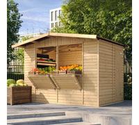TIMBELA M150: Casa de jardín de madera, puesto de mercado de madera, fabricada con listones de calidad de pino y abeto. Quiosco de madera para ventas con mostrador, DOS VENTANAS, dimensiones H232x336x