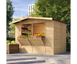 TIMBELA M150: Casa de jardín de madera, puesto de mercado de madera, fabricada con listones de calidad de pino y abeto. Quiosco de madera para ventas con mostrador, DOS VENTANAS, dimensiones H232x336x