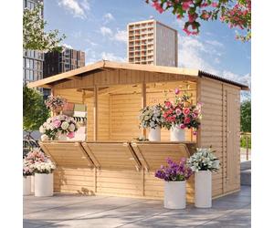 TIMBELA M150A: Quiosco de venta multifuncional para jardín, dimensiones 232x336x263 cm, superficie de 6 m², fabricado en madera