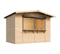 TIMBELA M150Z Caseta de Jardín de Madera/Puesto de Mercado, Pino y Abeto, Mostrador de Venta con Barra, 263x336 cm (6 m²), Bar de Jardín Multifuncional, Caseta de Venta con 2 Persianas