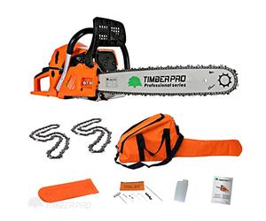 TIMBERPRO Motosierra térmica 62 cc, 3,6 CV de potencia, guía 50cm + 2 cadenas y bolsa de transporte