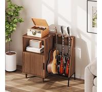 TinFrey Mueble para Tocadiscos y Vinilos de Madera, Armario para Tocadiscos y Vinilos, Mueble Hi-Fi Vintage Mid-Century con Soporte para 3 Guitarras, Estantería Guarda Discos para Salón y Dormitorio