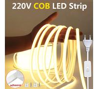 Tira de luces LED de 220v con interruptor de encendido y apagado, tira de luces Led COB impermeable para exteriores, cinta Flexible para habitación, cocina, iluminación de jardín