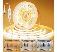 Tira LED COB USB 2 M 1216 LED, cinta de luz LED autoadhesiva, recortable, temporizador y función de memoria, regulable, luz de fondo LED blanco cálido y blanco frío, tira LED para espejo, techo