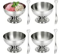 Tissting Juego de 4 tazas de helado, cuenco de postre de acero inoxidable de 250 ml, reutilizable, con tenedor, para batidos, postres, yogures helados, decoración para