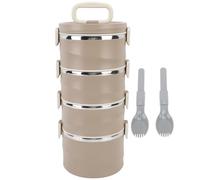 Tissting Lunch Box Redondo Aislado de 4 Niveles, Termo de Acero Inoxidable 304 Contenedor de Comida Apilable con 2 Tenedores y Cucharas Integrados para Oficina, Estudiantes y Viaje (Marrón)
