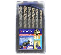 TIVOLY 11456170017 - Estuche G de 25 brocas Premium Tbx 4f HSS Cobalt Revetu Blade, afilado de 4 caras, contiene 1 a 13 mm de diámetro por 1/2 mm