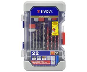 Tivoly 11901170061 - Caja para brocas (22 unidades, cartón, concreto, madera y 3 topes de profundidad para brocas de 3 a 12 mm), color rojo y gris