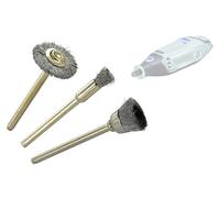 TIVOLY - Juego de 3 cepillos de acero multiformas - Pincel (Ø5 mm), corte (Ø12 mm), circular (Ø19 mm) - Cepillado de metales duros - Sujeción: cola cilíndrica Ø3,2 mm - Para DREMEL / PROXXON