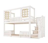 TIZZ Litera de 90 x 200 cm, color blanco, estilo cabaña, ventanas de madera, armario para escaleras, cuna con 2 superficies, somier incluido, sin colchón