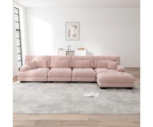 TIZZ Sofá esquinero modular de 4 plazas, juego de sofá en forma de L para sala de estar cómodos sofás en la nube con combinación otomana móvil DIY chenilla rosa