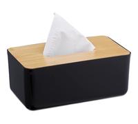 TK Relaxdays Caja Pañuelos Grande, Rellenable, Baño, Dispensador Toallitas Papel, Tapa Bambú, 10x23x13 cm, Negro y Natural