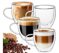 TKNO Paquete de 4 vasos de café de doble pared de 380 ml, tazas de vidrio transparente aisladas estilo barista para café con leche, capuchino, blanco plano, tazas de espresso de borosilicato