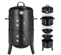 TLGREEN Ahumador 3 en 1, Barbacoa de Carbón con Mango, Smoker con Termómetro, 2 Rejillas de Acero Inoxidable (φ 37,5 cm), 2 Cuencos de Agua Esmaltados, Barril Ahumador, Asar y Cocinar