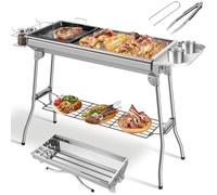 TLGREEN Barbacoa de Carbón Portátil, Parrilla de Acero Inoxidable Plegable, Barbacoa Carbon XXL con Sartén Antiadherente, 4PCS Pata de Soporte para Jardín, Terraza, Picnic, Camping