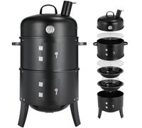 TLGREEN Horno Ahumador, Ahumador 3 en 1 con Chimenea, Barbacoa de Carbón | Con Termómetro, 2 Rejillas de Acero Inoxidable (φ 37,5 cm), 2PCS Cuencos Esmaltados para Agua, para Ahumar, Asar y Cocinar