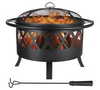 TLSUNNY Brasero Exterior Jardin, Ø81 cm Brasero con Protector Antichispas y Atizador, con Parrilla (Ø 58 cm), Fire Pit para Jardin y Terraza, Grande Estufa Exterior, Negro