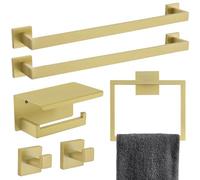 TNOMS Juego de 6 piezas de accesorios de baño cepillado dorado claro, toallero doble, toallero, gancho y soporte para papel higiénico con estante, juego de accesorios de baño montado en la pared de