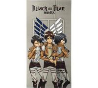 Toalla Infantil de Attack on Titan - Color Gris - 70x140cm - Elaborada con 100% Poliéster de 240 gsm - Toalla Pequeña - Estampado de Mikasa, Eren y Levi - Producto Original Diseñado en España
