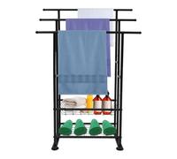 Toallero de pie, color negro, escalera de 3 niveles, toallero independiente, soporte para toallas con suelo de rejilla y patas ajustables, torre de ropa para salón, baño