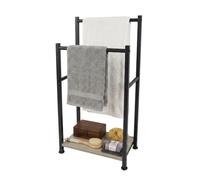 Toallero Relaxdays con repisa, (Al x An x Fon) 80 x 42 x 24 cm, Negro/Gris | 2 barras, toallero de pie, MDF y metal
