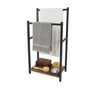 Toallero Relaxdays con repisa, (Al x An x Fon) 80x42x24 cm, Negro/marrón | 2 barras, toallero de pie, MDF y metal