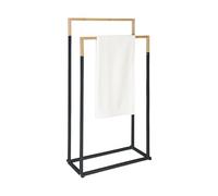 Toallero Relaxdays, H x An x F: 86 x 44 x 21 cm, Metal, bambú, 2 Varillas, de pie, Negro/Natural