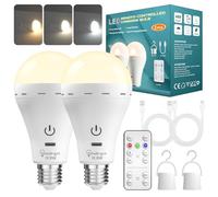 TobeBright Bombilla Recargable E27 con Mando a Distancia, 3 Temperaturas de Color Regulable Bombilla Inalámbrica sin Electricidad con Batería, USB C Recargable, para Camping, Emergencias(2-unidad)