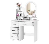 Tocador blanco con espejo y luces, mesa de maquillaje con almacenamiento y silla