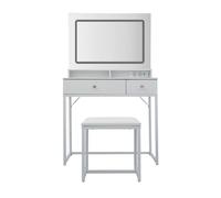 Tocador con espejo led cuadrado con 3 modos de luz, taburete acolchado, 2 cajones y compartimento de almacenamiento para dormitorio y vestidor de estilo moderno