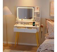 Tocador con Espejo LED y Toma de 3 Tonos Ajustables, Mesa de Maquillaje de Madera con 2 cajones y 3 estantes Abiertos, Mueble de Maquillaje escandinavo para Dormitorio, vestidor (132 x 80 x 35 cm