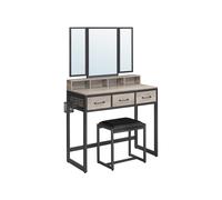 VASAGLE tocador con Espejo Plegable de 3 Piezas, Soporte para secador de Pelo, Mesa cosmética con Taburete Acolchado, 3 cajones, diseño Industrial, Greige y Negro RVT004B02