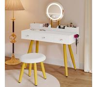 Tocador con iluminación,Cajones de Tela Tocador con cajones de Espejo Brillo Ajustable,Tocadores con Puertas, Mesa de Maquillaje con Estante para Joyas, estantes Ajustables, Color Madera
