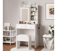 Tocador con iluminación LED y espejo, mesa cosmética moderna con taburete de almacenamiento acolchado, 2 cajones, 3 compartimentos abiertos y base de carga, iluminación regulable 3 modos de color para