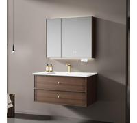 Tocador de baño con fregadero, moderno juego combinado de gabinete de almacenamiento, lavabo de cerámica montado en la pared con dos cajones y espejo, elegante acabado de nogal