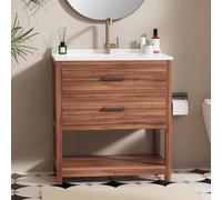 Tocador de baño de madera de poliéster marrón rústico impermeable de 30 pulgadas con fregadero, parte superior de resina SMC, 2 cajones, estante abierto, patas ajustables y asas de aleación de zinc