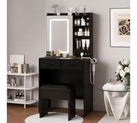 Tocador de maquillaje con Luz LED y Taburete, 4 tomas de corriente (2 CA + 2 USB), 3 modos iluminación regulable, 2 cajones y 3 estantes abiertos, secador de pelo soporte, 60 x 40 x 138 cm, Negro