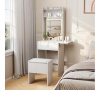Tocador De Maquillaje Con Luz, Taburete De Almacenamiento, Espejo Y Luces LED Táctiles (3 Colores/3 Modos), Panel Abatible Para Ampliar Encimera, Cajón Grande Y Estantes Abiertos, 50 x 40 x 150,Blanco