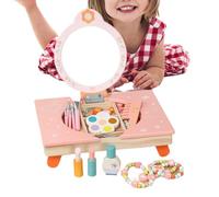 Tocador de niña D imitación mesa de baño plegable de madera con espejo | Set de tocador infantil plegable con peine y cosméticos para cumpleaños, Navidad, salón, casa, habitación infantil