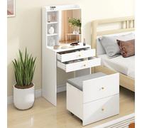 Tocador Homcom con espejo y taburete móvil, tocador con armario, cajones, estantes abiertos y asiento acolchado, tocador moderno para el dormitorio, color blanco.