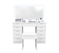 Tocador Maquille con espejo LED 110x40x135 cm | 11 cajones, encimera de cristal templado | Luz regulable en 3 tonos | Taburete acolchado | Sistema antivuelco | Diseño moderno ideal para dormitorio |