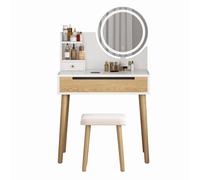 Tocador moderno con espejo redondo y estación de carga USB-aire acondicionado - Mesa de maquillaje con 1 cajón, 2 estantes ajustables y taburete incluido - Compacto y seguro para dormitorio