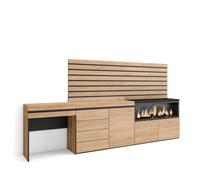 Tocador Skraut Home, Cajonera, Módulo dos y una puertas, Chimenea eléctrica XXL led, Listones, 284x35x145cm Oak