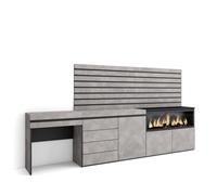 Skraut Home, Tocador, Cajonera, Módulo dos y una puertas, Chimenea eléctrica XXL led, Listones, 284x35x145cm Cement