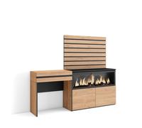 Tocador Skraut Home con cajón, 177x35x145cm, Chimenea eléctrica XXL led efecto fuego 3d, Módulo 2 puertas, Listones Oak