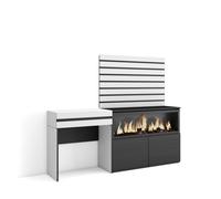 Tocador Skraut Home con cajón, 177x35x145cm, Chimenea eléctrica XXL led efecto fuego 3d, Módulo 2 puertas, Listones White