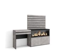 Tocador Skraut Home con cajón, 177x35x145cm, Chimenea eléctrica XXL led efecto fuego 3d, Módulo 2 puertas, Listones Cement