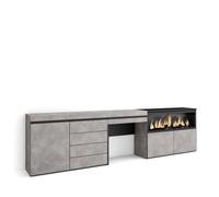 Tocador Skraut Home con cajón, 284x35x75cm, Chimenea eléctrica XXL, Módulo una puerta, Cajonera de cuatro cajones Cement